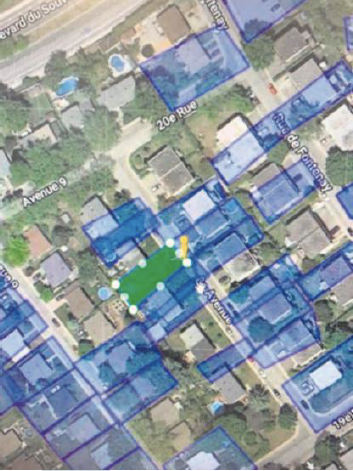 Aerial map of a residential neighbourhood with blue polygons illustrating snow removal routes optimized by Follosoft