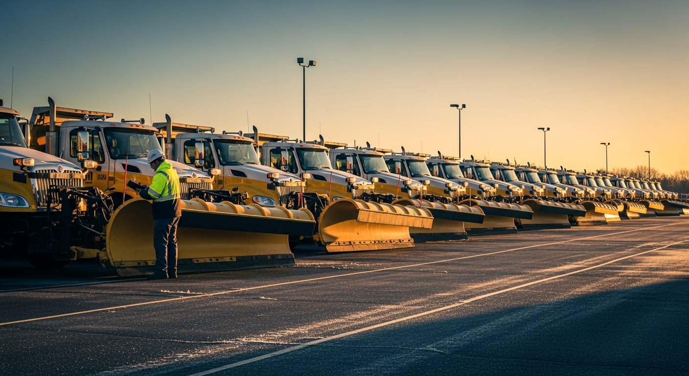 Flotte de camions de déneigement alignés dans un dépôt à l'aube avant la saison hivernale