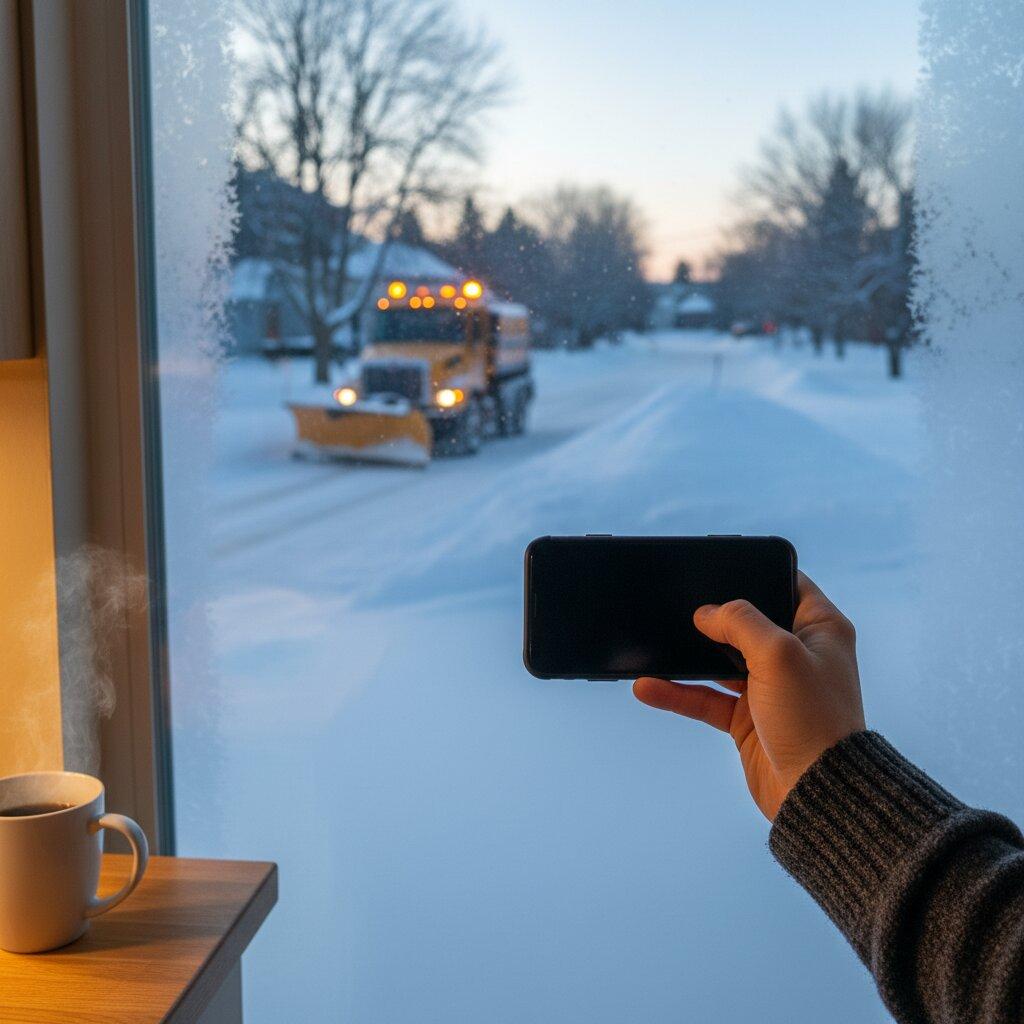 Téléphone affichant une notification SMS indiquant qu'un chasse-neige arrive dans 15 minutes, à côté d'un tableau de bord des messages envoyés