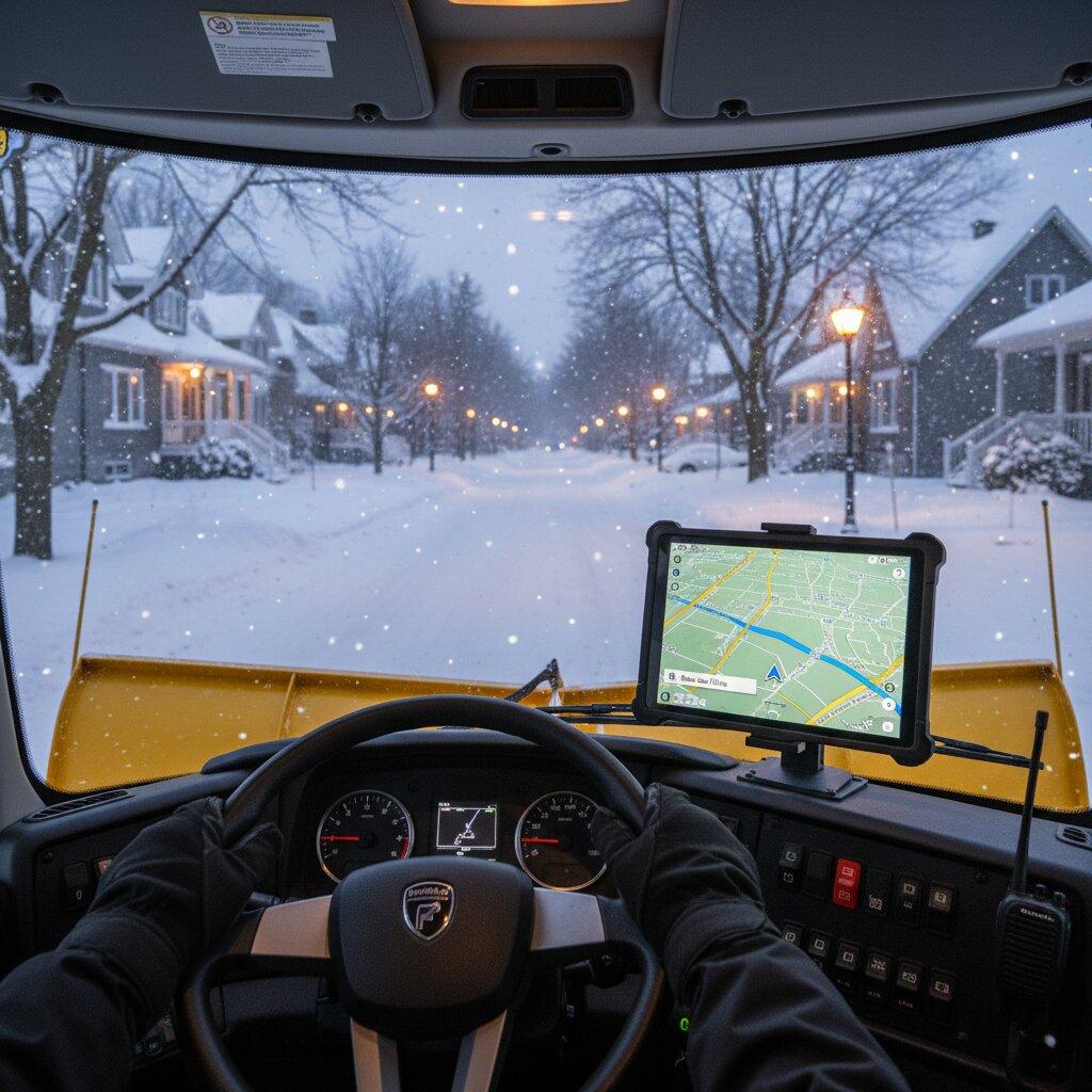 Tablette en cabine Follosoft affichant des directions virage par virage pour une route de déneigement