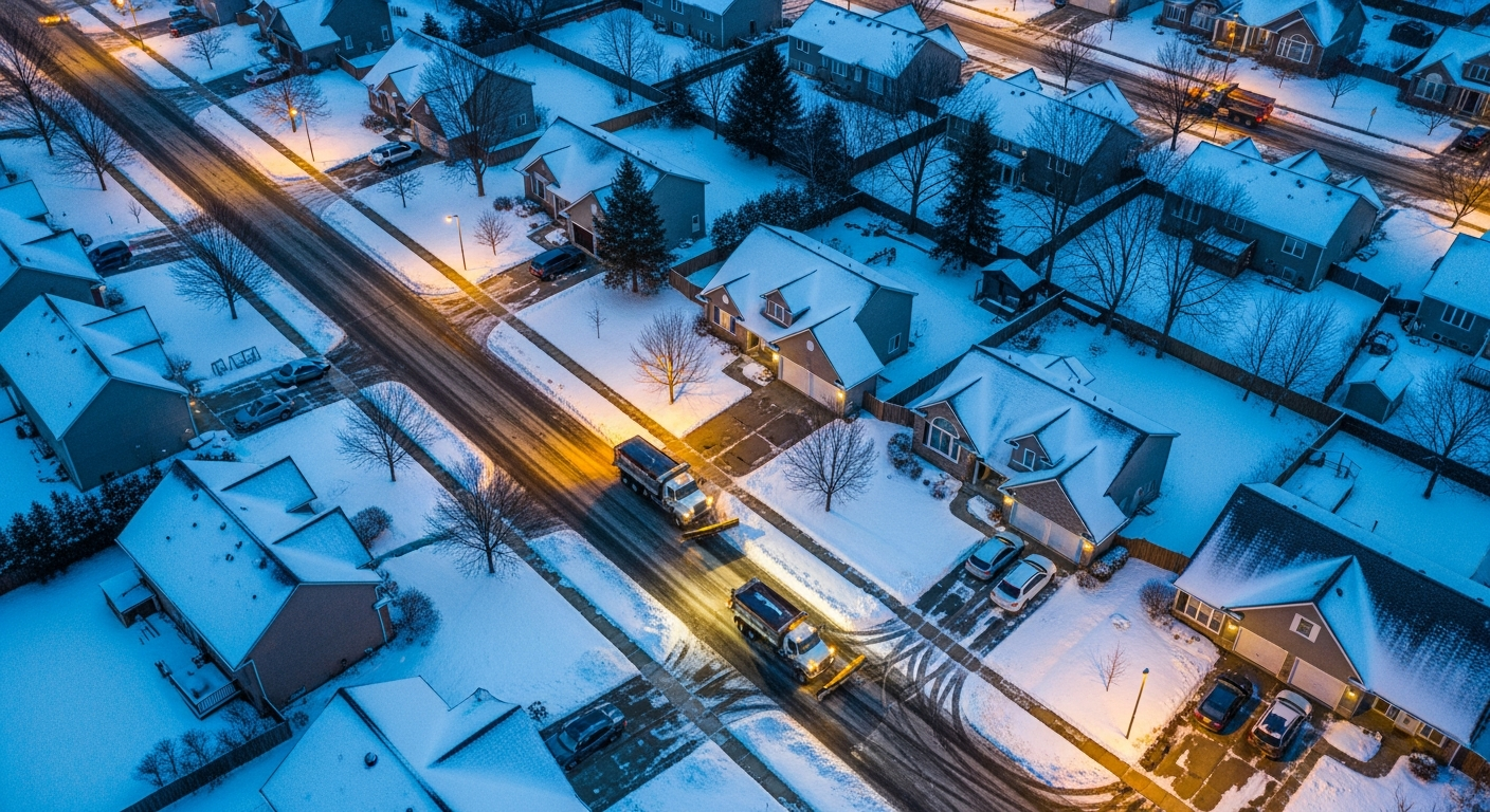Aerial dusk view of snow plow trucks clearing routes through a snow-covered neighbourhood