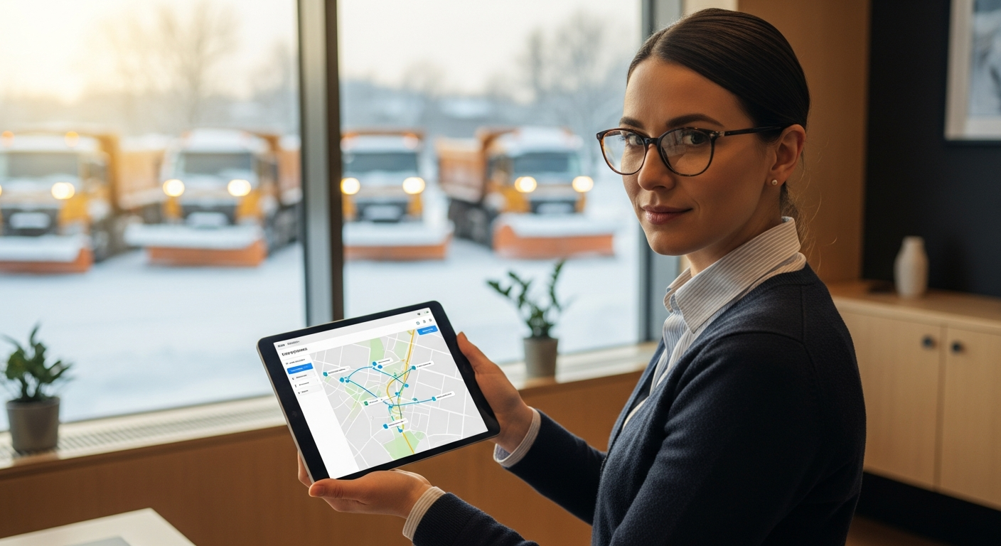 Fleet operations manager reviewing a logistics dashboard on a tablet overlooking a snowy lot